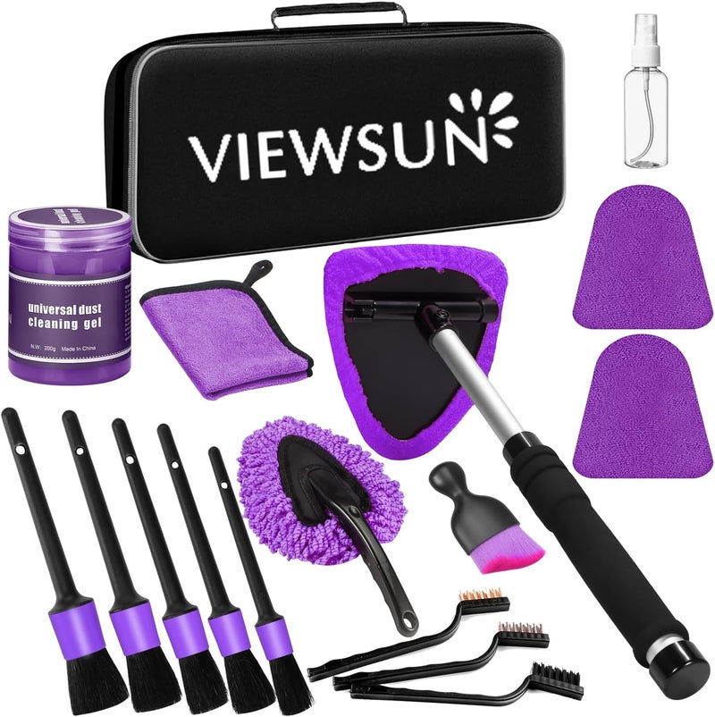 Viewsun Windshield Cleaner Tool, 17Pcs Purple Car Interior Cleaning Kit, Detailing Kit Cleaner, Detailing Brush, Cleaning Gel, Inside Cleaning Supplies Accessories for Trucks, SUVs, RVs Window - Image 1